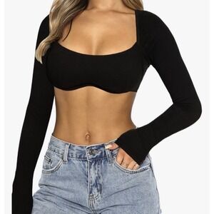 Princess Polly Becca Long Sleeve Crop Top Black Ribbed Square Neck